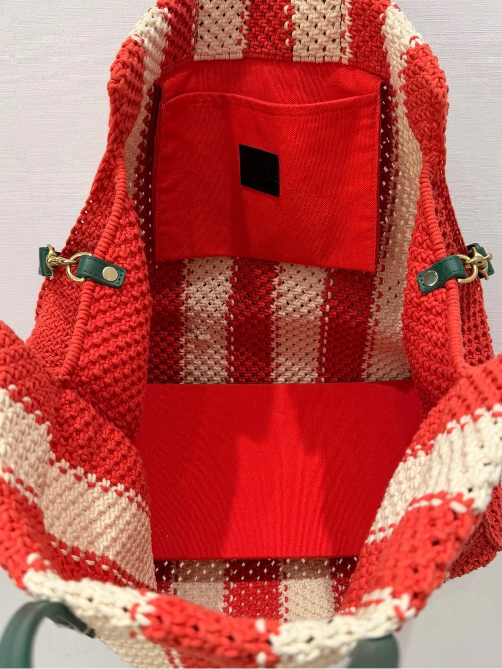 Clare V. Striped Red and Cream Woven Tote Bag with Green Handles - Picture 4 of 5